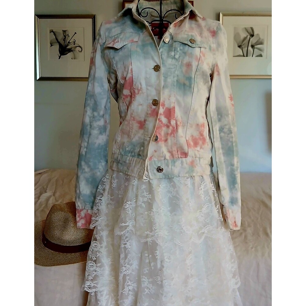GUESS Pastel Tie Dye Denim Jacket Boho Cropped Trucker Button Size XS